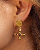 Divine Cross 18k Plated Gold Earrings Brown