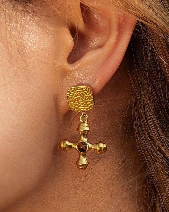Divine Cross 18k Plated Gold Earrings Brown