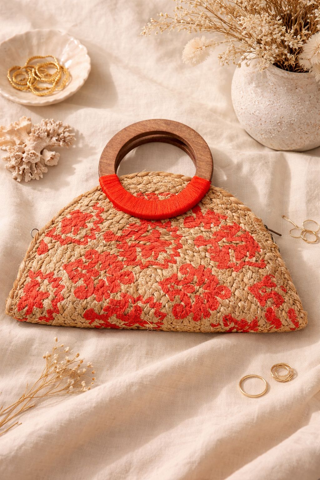 Half Moon Jute Bag Wooden Handle Red